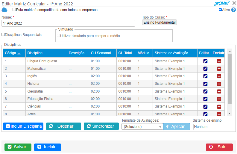 Matriz curricular do sistema de gestão escolar Sponte | Sponte